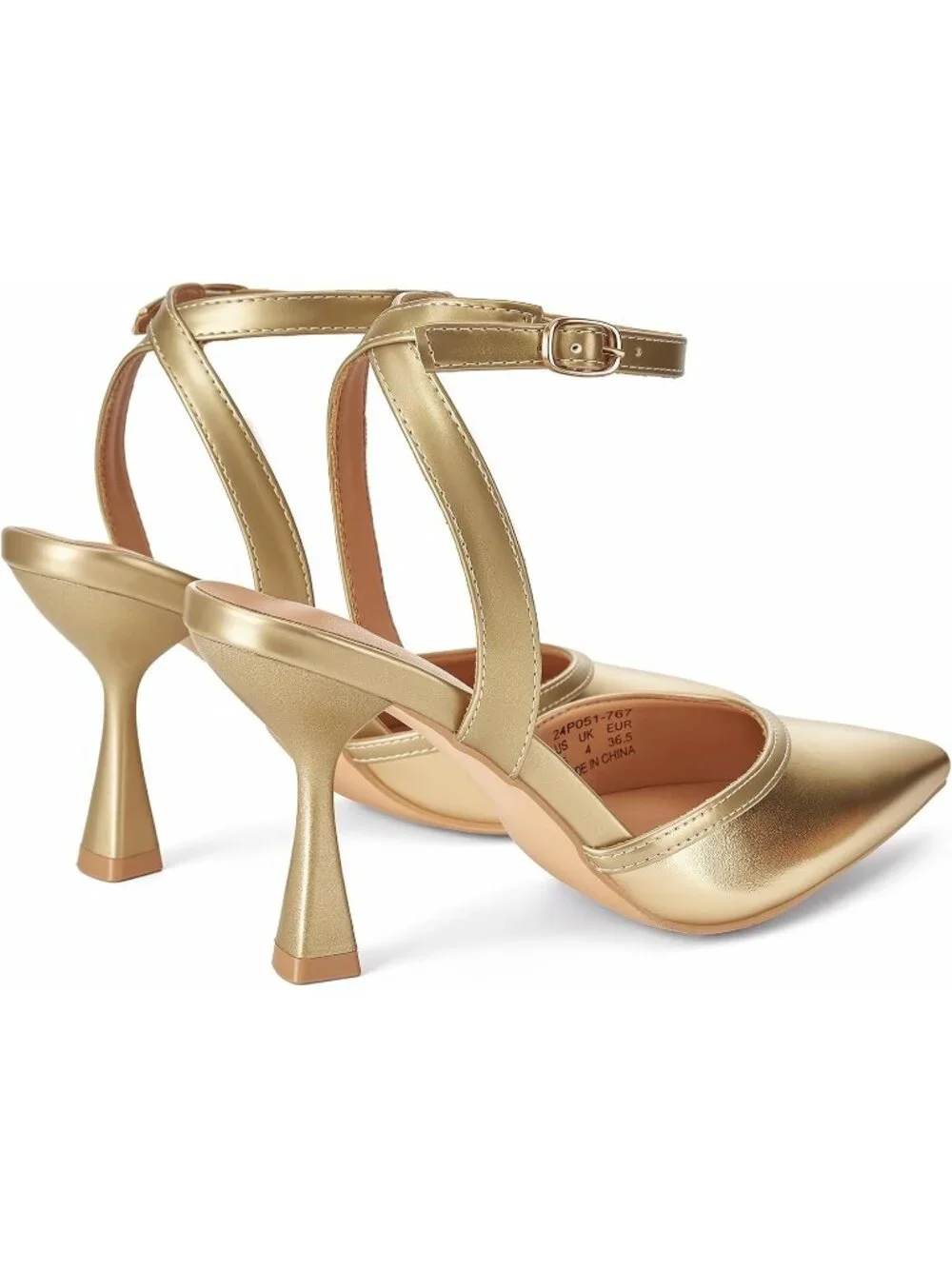 Women's Gold Pu Slingback Pointed Toe Stiletto Heels Ankle Strap Dress Shoes